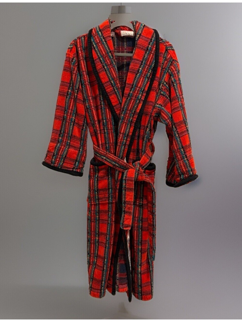 Vintage Cabernet Terry Cloth Robe Red Plaid Tartan Cotton Bathrobe Made InBrazil